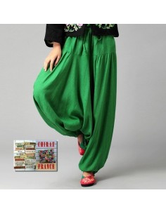 Pantalon large sarouel VERT LIN samouraï yoga boho ethnique folk 