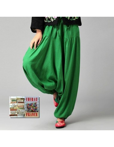 Pantalon large sarouel VERT LIN samouraï yoga boho ethnique folk 