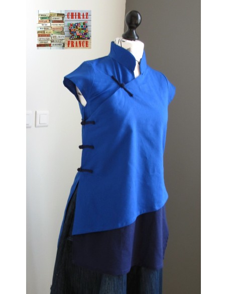 Tunique longue cheongsam col Mao fente pankou BLEU boho folk ethnique Tunique longue cheongsam col Mao fente pankou BLEU boho folk ethnique