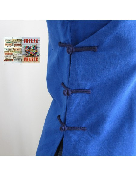 Tunique longue cheongsam col Mao fente pankou BLEU boho folk ethnique Tunique longue cheongsam col Mao fente pankou BLEU boho folk ethnique