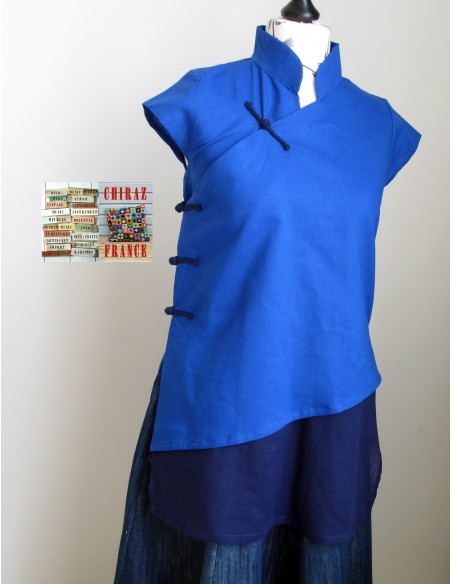 Tunique longue cheongsam col Mao fente pankou BLEU boho folk ethnique Tunique longue cheongsam col Mao fente pankou BLEU boho folk ethnique