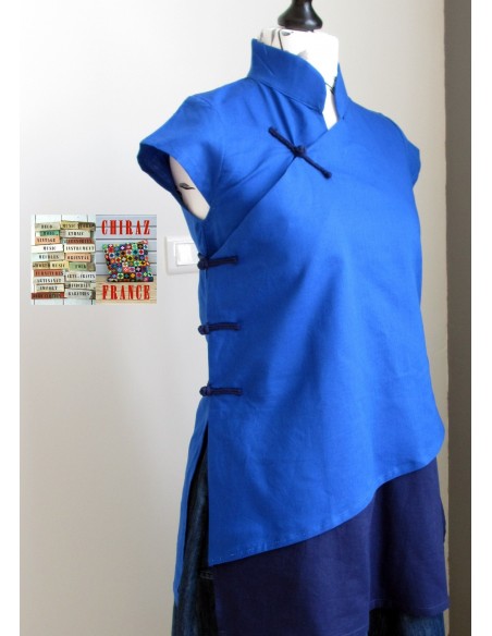 Tunique longue cheongsam col Mao fente pankou BLEU boho folk ethnique Tunique longue cheongsam col Mao fente pankou BLEU boho folk ethnique