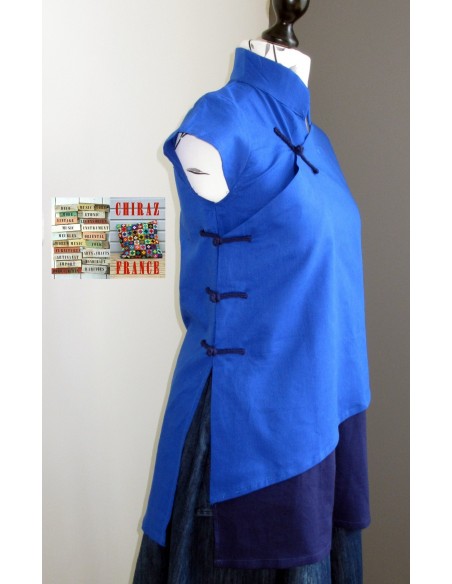 Tunique longue cheongsam col Mao fente pankou BLEU boho folk ethnique Tunique longue cheongsam col Mao fente pankou BLEU boho folk ethnique