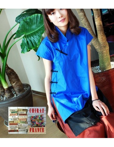 Tunique longue cheongsam col Mao fente pankou BLEU boho folk ethnique Tunique longue cheongsam col Mao fente pankou BLEU boho folk ethnique