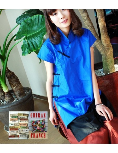 Tunique longue cheongsam col Mao fente pankou BLEU boho folk ethnique Tunique longue cheongsam col Mao fente pankou BLEU boho folk ethnique