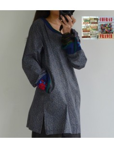 Tunique kaftan longue liberty BLEU manches longues col brodé coton boho ethnique folk  2