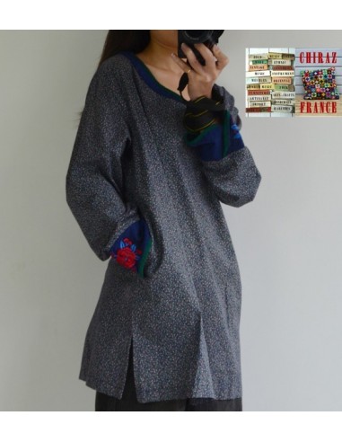 Tunique kaftan longue liberty BLEU manches longues col brodé coton boho ethnique folk 