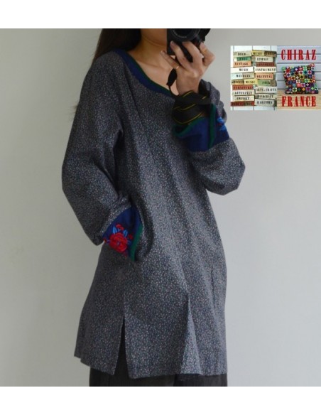 Tunique kaftan longue liberty BLEU manches longues col brodé coton boho ethnique folk 