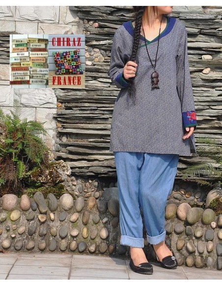 Tunique kaftan longue liberty BLEU manches longues col brodé coton boho ethnique folk 