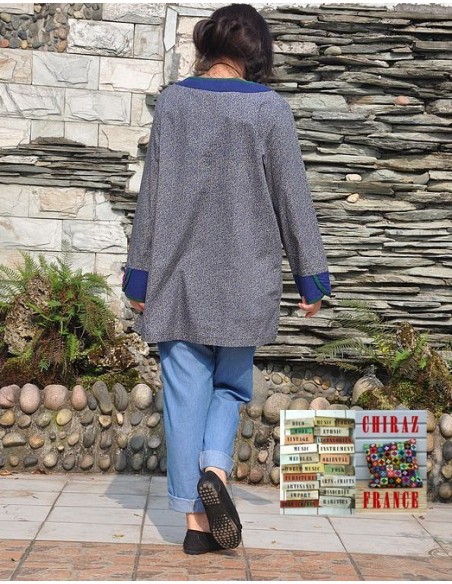 Tunique kaftan longue liberty BLEU manches longues col brodé coton boho ethnique folk 
