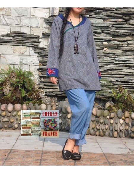Tunique kaftan longue liberty BLEU manches longues col brodé coton boho ethnique folk 