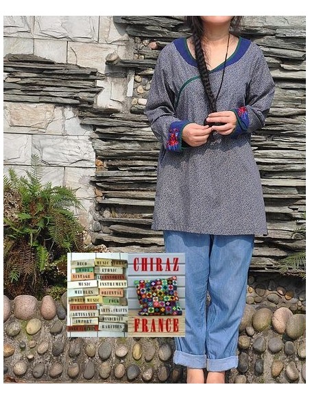 Tunique kaftan longue liberty BLEU manches longues col brodé coton boho ethnique folk 