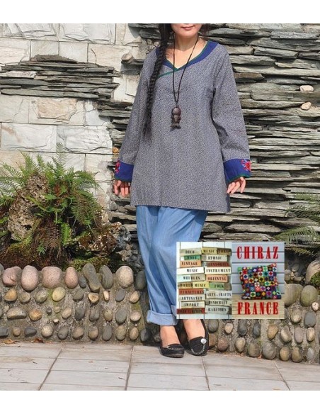 Tunique kaftan longue liberty BLEU manches longues col brodé coton boho ethnique folk 