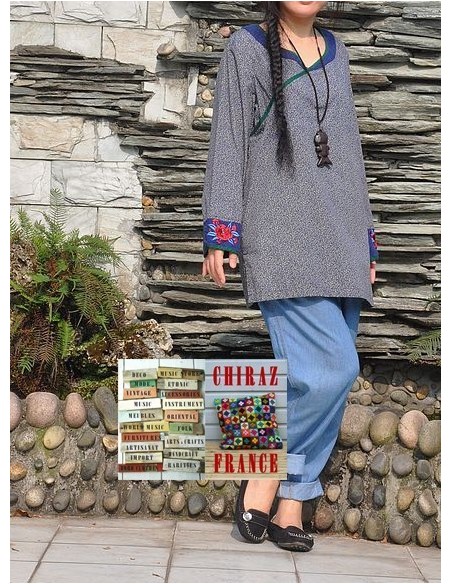 Tunique kaftan longue liberty BLEU manches longues col brodé coton boho ethnique folk 