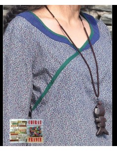 Tunique kaftan longue liberty BLEU manches longues col brodé coton boho ethnique folk