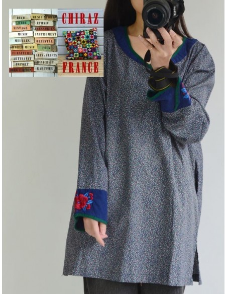 Tunique kaftan longue liberty BLEU manches longues col brodé coton boho ethnique folk 
