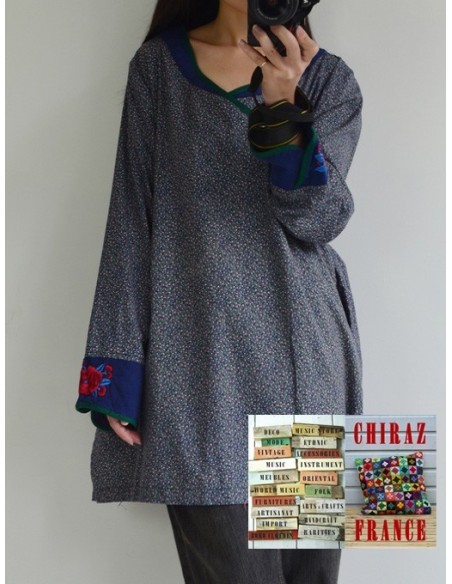 Tunique kaftan longue liberty BLEU manches longues col brodé coton boho ethnique folk 