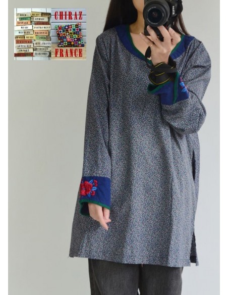 Tunique kaftan longue liberty BLEU manches longues col brodé coton boho ethnique folk 