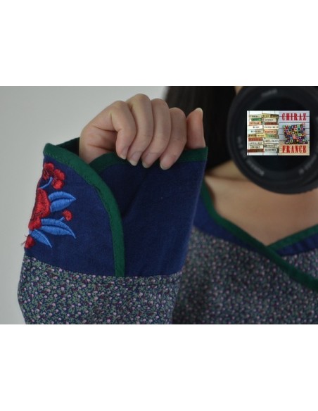 Tunique kaftan longue liberty BLEU manches longues col brodé coton boho ethnique folk 