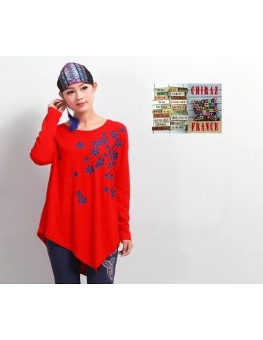 Pull léger jersey fluide asymétrique noir ou rouge fleurs brodées