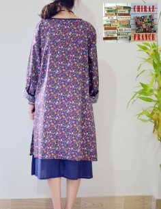 Tunique robe longue 2 pans superposés Liberty violet / bleu marine 2