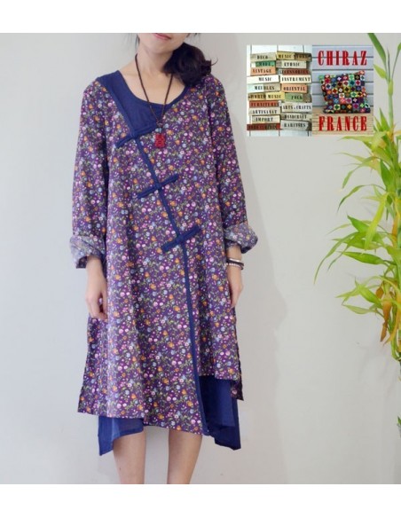 Tunique robe longue 2 pans superposés Liberty violet / bleu marine Tunique robe longue 2 pans superposés Liberty violet / bleu marine