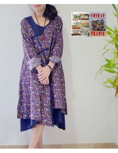 Tunique robe longue 2 pans superposés Liberty violet / bleu marine Tunique robe longue 2 pans superposés Liberty violet / bleu marine