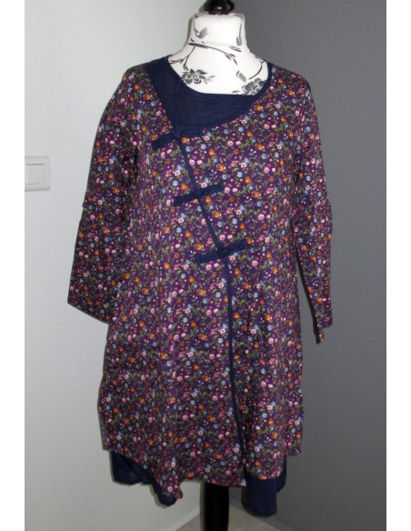 Tunique robe longue 2 pans superposés Liberty violet / bleu marine Tunique robe longue 2 pans superposés Liberty violet / bleu marine