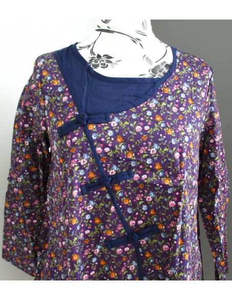 Tunique robe longue 2 pans superposés Liberty violet / bleu marine Tunique robe longue 2 pans superposés Liberty violet / bleu marine