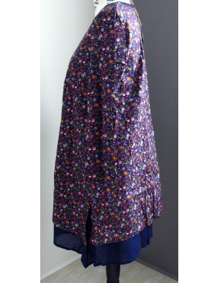 Tunique robe longue 2 pans superposés Liberty violet / bleu marine Tunique robe longue 2 pans superposés Liberty violet / bleu marine
