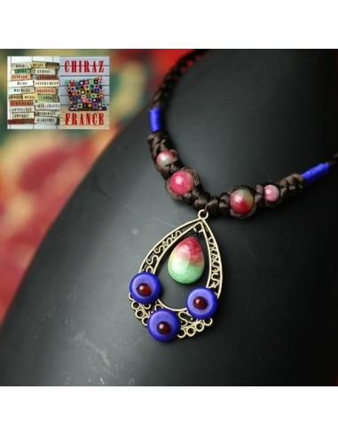 Collier Ethnique bronze, perles, émaux et cordes composition très ouvragée bleu et rose
