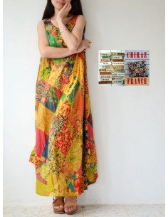 Robe longue ample coupe A PATCHWORK boho ethnique folk XL OCRE 2