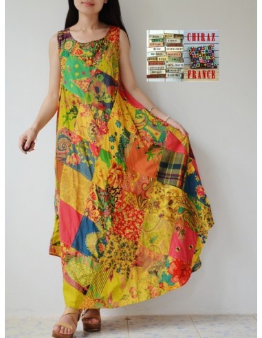Robe longue ample coupe A PATCHWORK boho ethnique folk XL OCRE