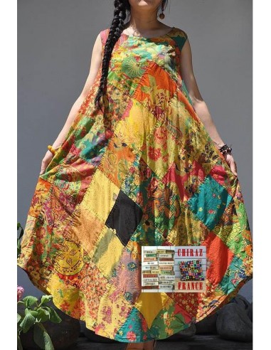 Robe longue ample coupe A PATCHWORK boho ethnique folk XL OCRE