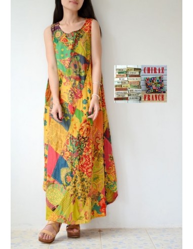 Robe longue ample coupe A PATCHWORK boho ethnique folk XL OCRE