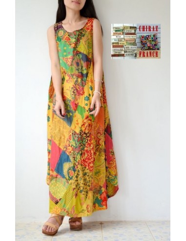 Robe longue ample coupe A PATCHWORK boho ethnique folk XL OCRE