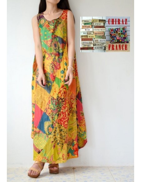 Robe longue ample coupe A PATCHWORK boho ethnique folk XL OCRE