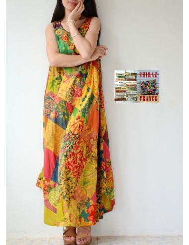 Robe longue ample coupe A PATCHWORK boho ethnique folk XL OCRE