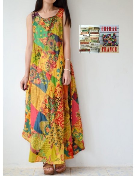 Robe longue ample coupe A PATCHWORK boho ethnique folk XL OCRE
