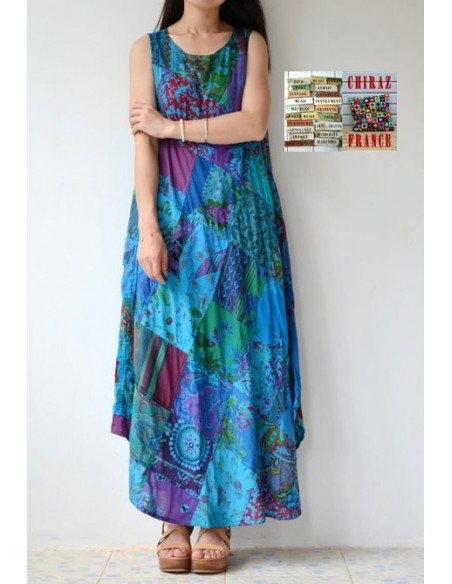 Robe trapèze longue ample coupe PATCHWORK boho ethnique folk XL BLEU