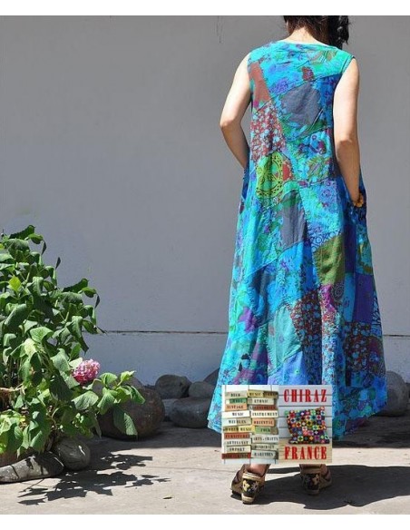 Robe trapèze longue ample coupe PATCHWORK boho ethnique folk XL BLEU
