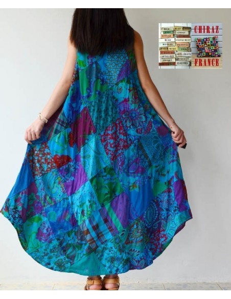 Robe trapèze longue ample coupe PATCHWORK boho ethnique folk XL BLEU