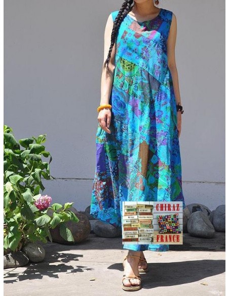 Robe trapèze longue ample coupe PATCHWORK boho ethnique folk XL BLEU