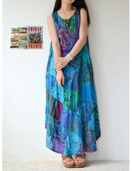 Robe trapèze longue ample coupe PATCHWORK boho ethnique folk XL BLEU