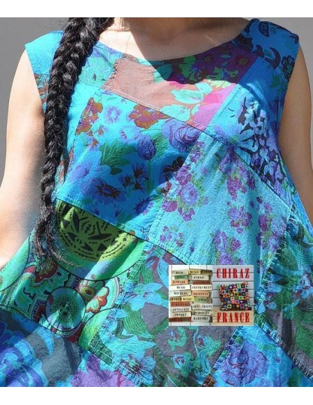 Robe trapèze longue ample coupe PATCHWORK boho ethnique folk XL BLEU