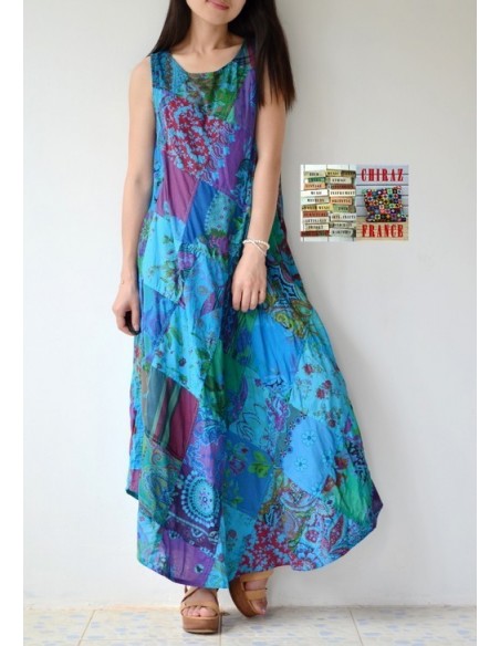 Robe trapèze longue ample coupe PATCHWORK boho ethnique folk XL BLEU