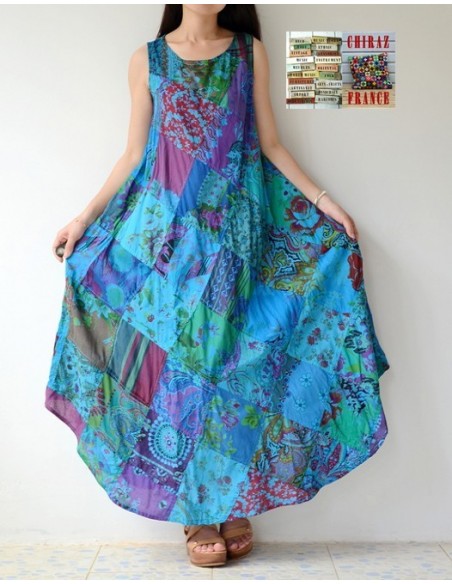 Robe trapèze longue ample coupe PATCHWORK boho ethnique folk XL BLEU