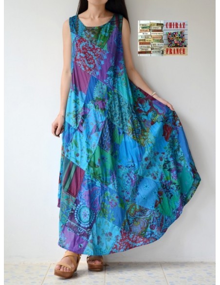 Robe trapèze longue ample coupe PATCHWORK boho ethnique folk XL BLEU