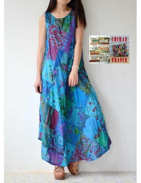 Robe trapèze longue ample coupe PATCHWORK boho ethnique folk XL BLEU
