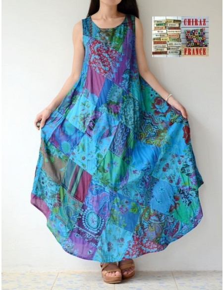 Robe trapèze longue ample coupe PATCHWORK boho ethnique folk XL BLEU